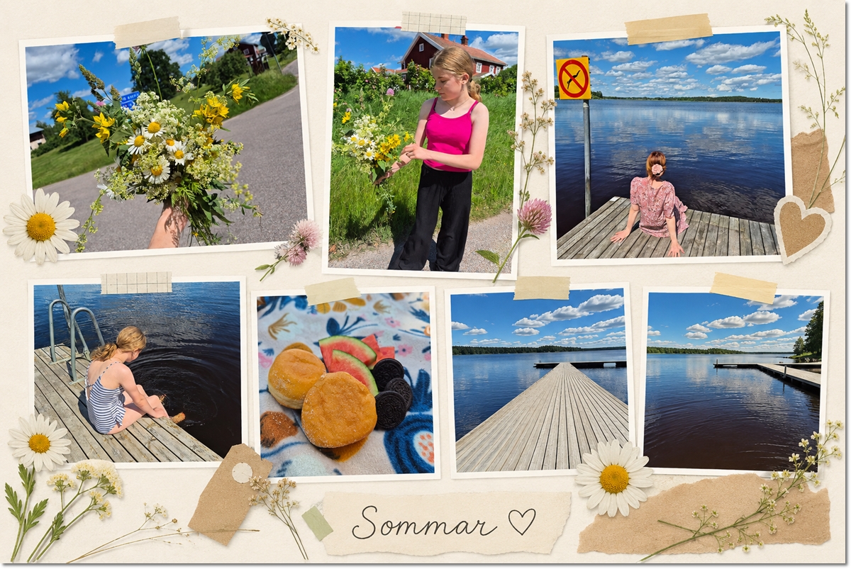 Sommarkollage från Falkudden och By kyrkogård med handplockade blommor, bad och fina sommarminnen.