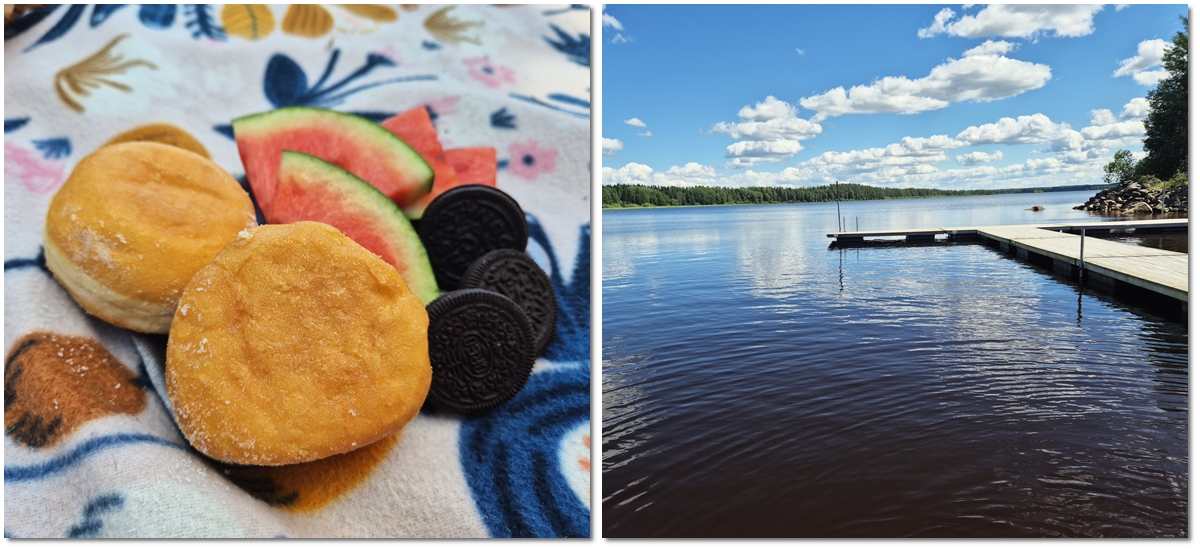 Sommarfika vid Falkudden med kaffe, bullar och vattenmelon.