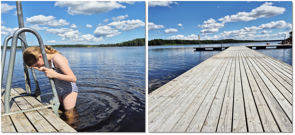 Lång brygga vid Falkudden med utsikt över Dalälven en solig sommardag.